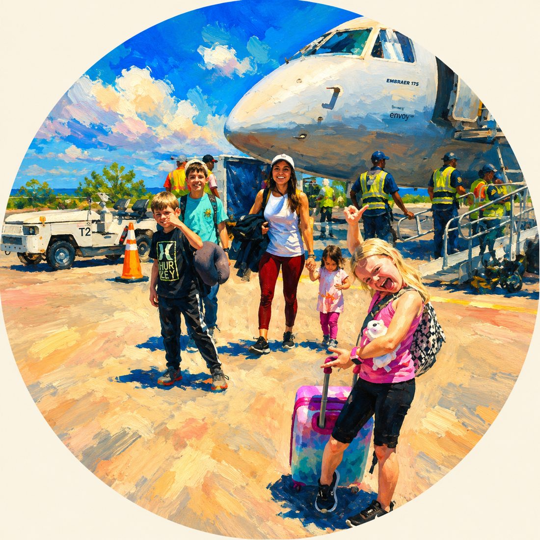 Arriving somewhere warm. (A painted version of one of our favorite travel-day photos.)