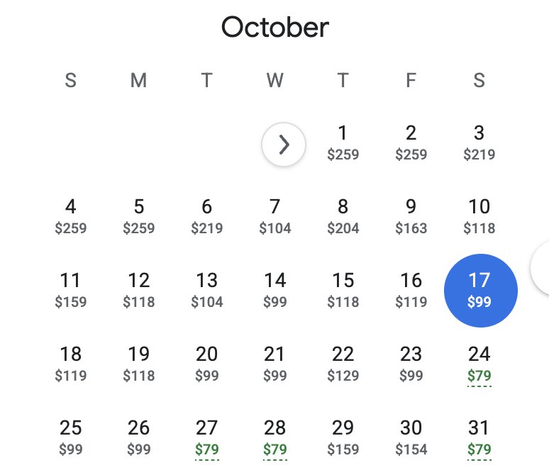 The calendar view: the same one-way trip ranges from $79 to $259 a person depending on the day.