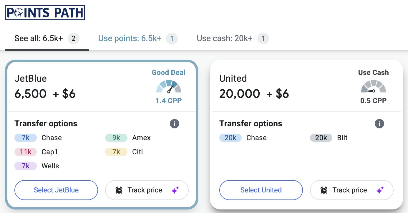 Points Path compares two options: a good deal on JetBlue and a poor one on United.