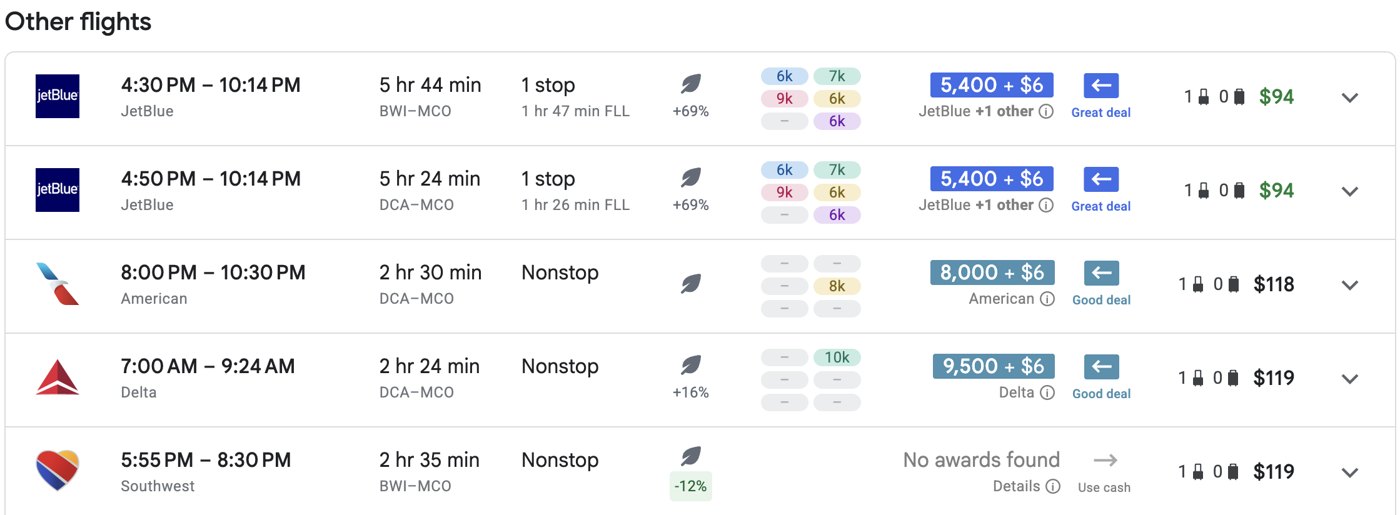 One search, two airports: flights to Orlando from both BWI and DCA. Points Path adds the points price and a deal rating next to each cash fare.
